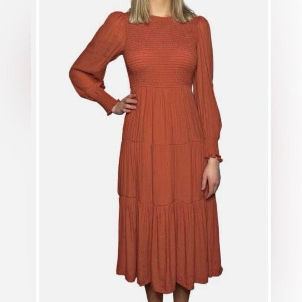 By The River Dress Brown Smocked Tiered Midi Size L Prairie, Cottagecore, Wester